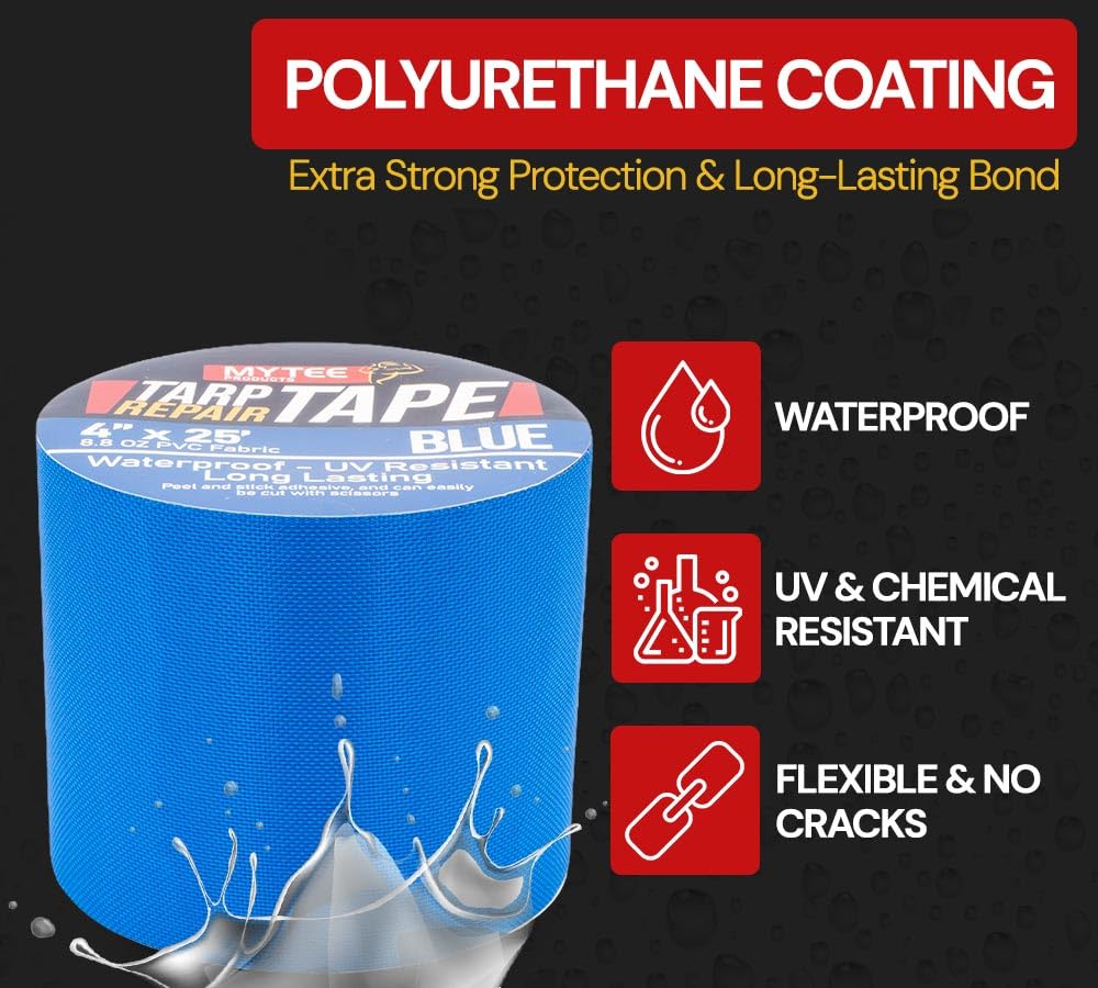 Mytee blue tarp patch tape seals punctures on tarps quickly and waterproofly