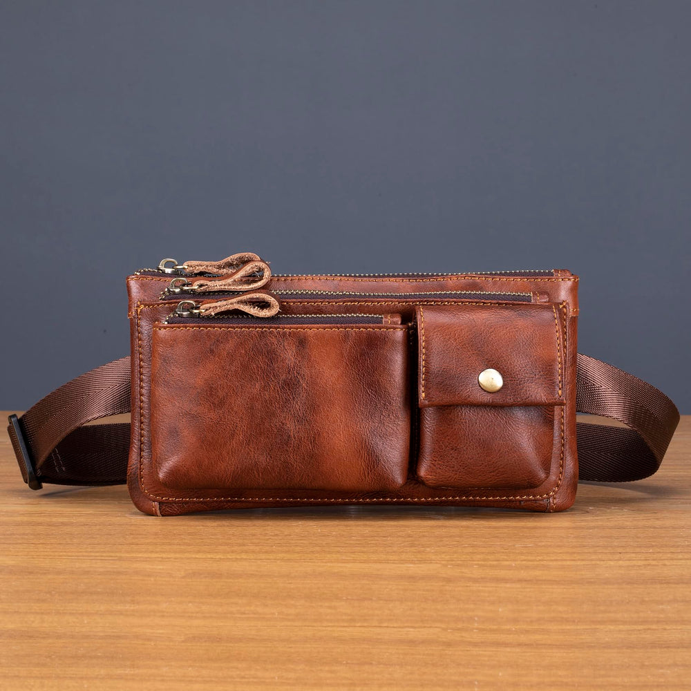 Myunxui fanny pack back view highlighting back-secure design and smooth leather texture.
