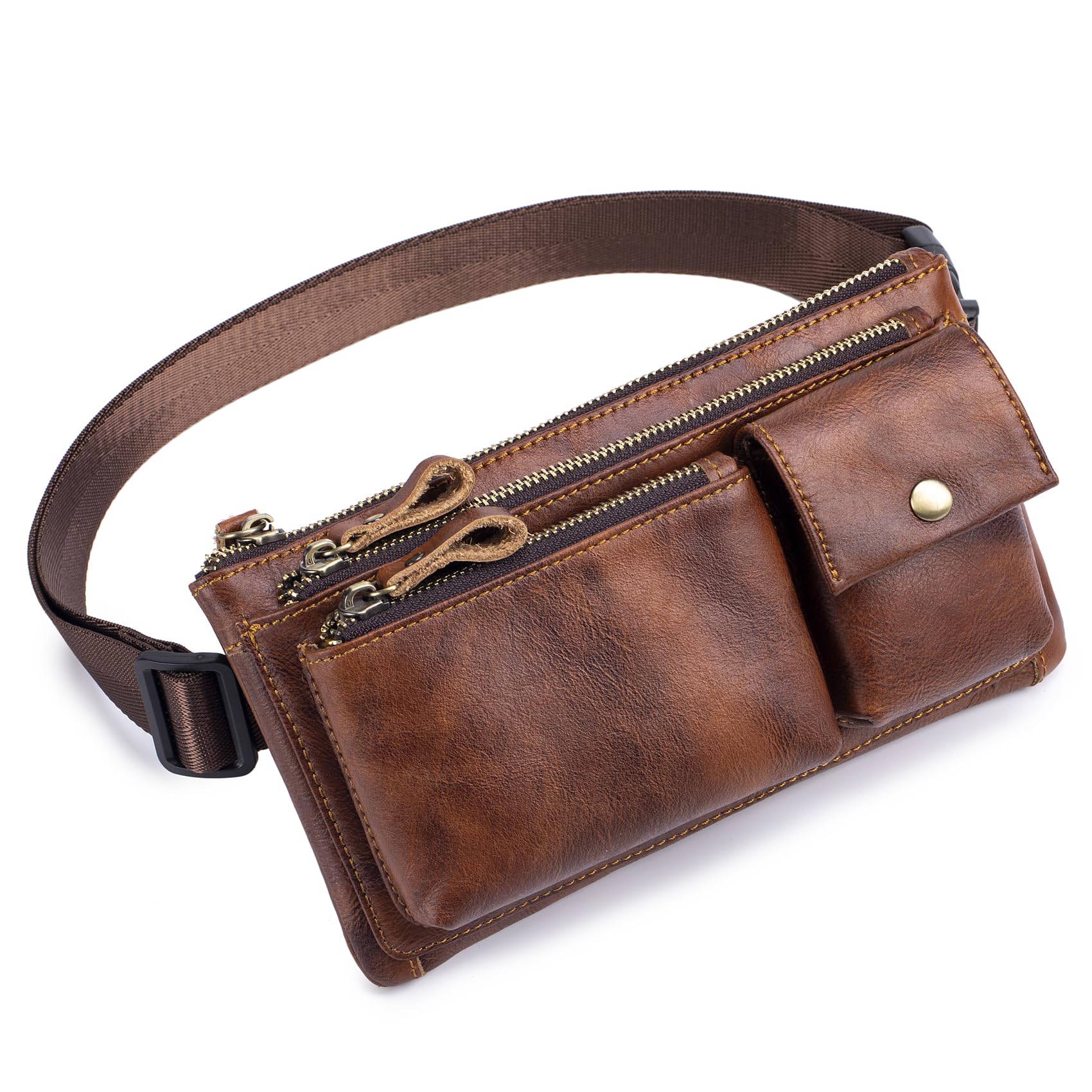 Myunxui genuine leather fanny pack front view with roomy main pocket for daily essentials.
