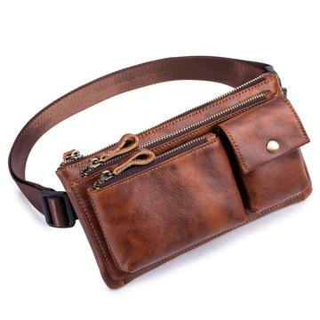 Myunxui genuine leather fanny pack front view with roomy main pocket for daily essentials.
