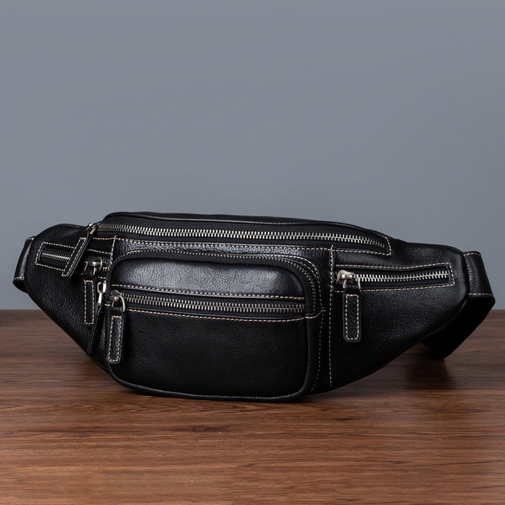 Myunxui genuine leather fanny pack main compartment opened for phone and wallet