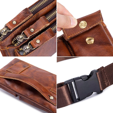 Myunxui leather pockets organized for phone, keys, wallet, and charger.