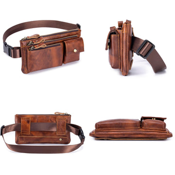 Myunxui leather waist bag side view showing slim silhouette and adjustable strap.