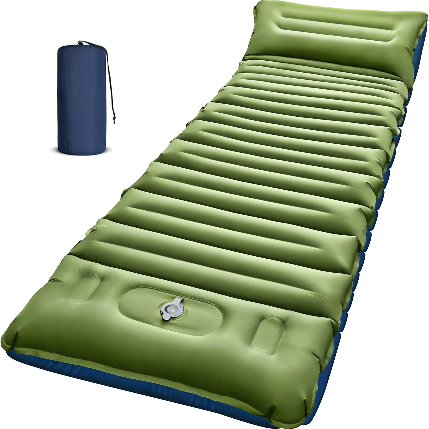 Myxslop camping sleeping pad inflated shows 5-inch thickness for base comfort on uneven ground