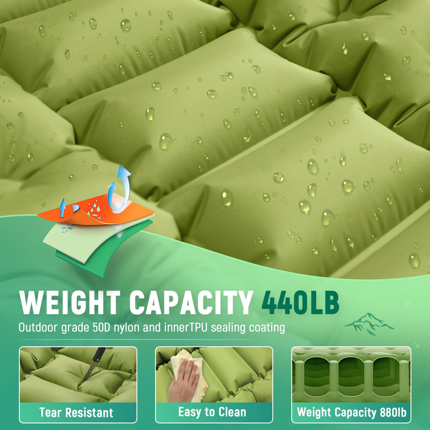 Myxslop camping sleeping pad measures 76x27x6 inches for roomy comfort.