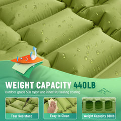 Myxslop camping sleeping pad measures 76x27x6 inches for roomy comfort.