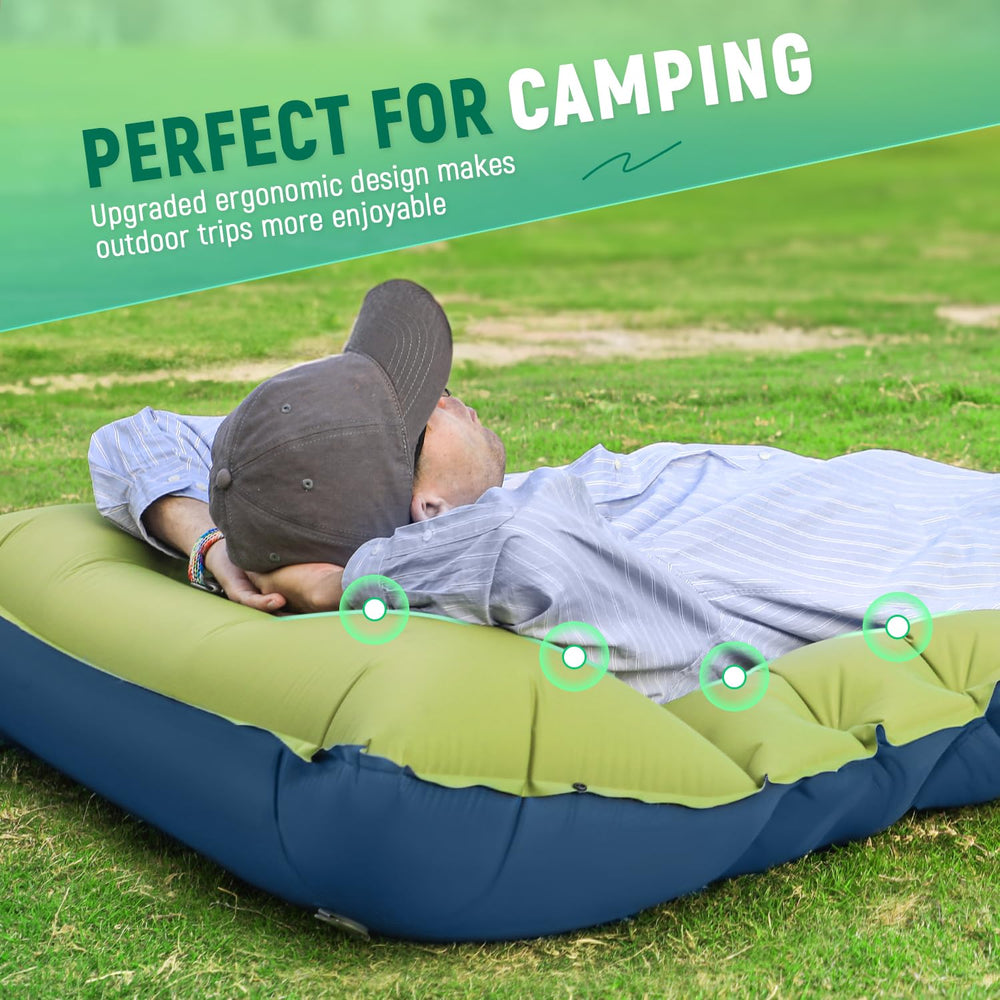 Myxslop sleeping pad with dense air chambers supports the spine.