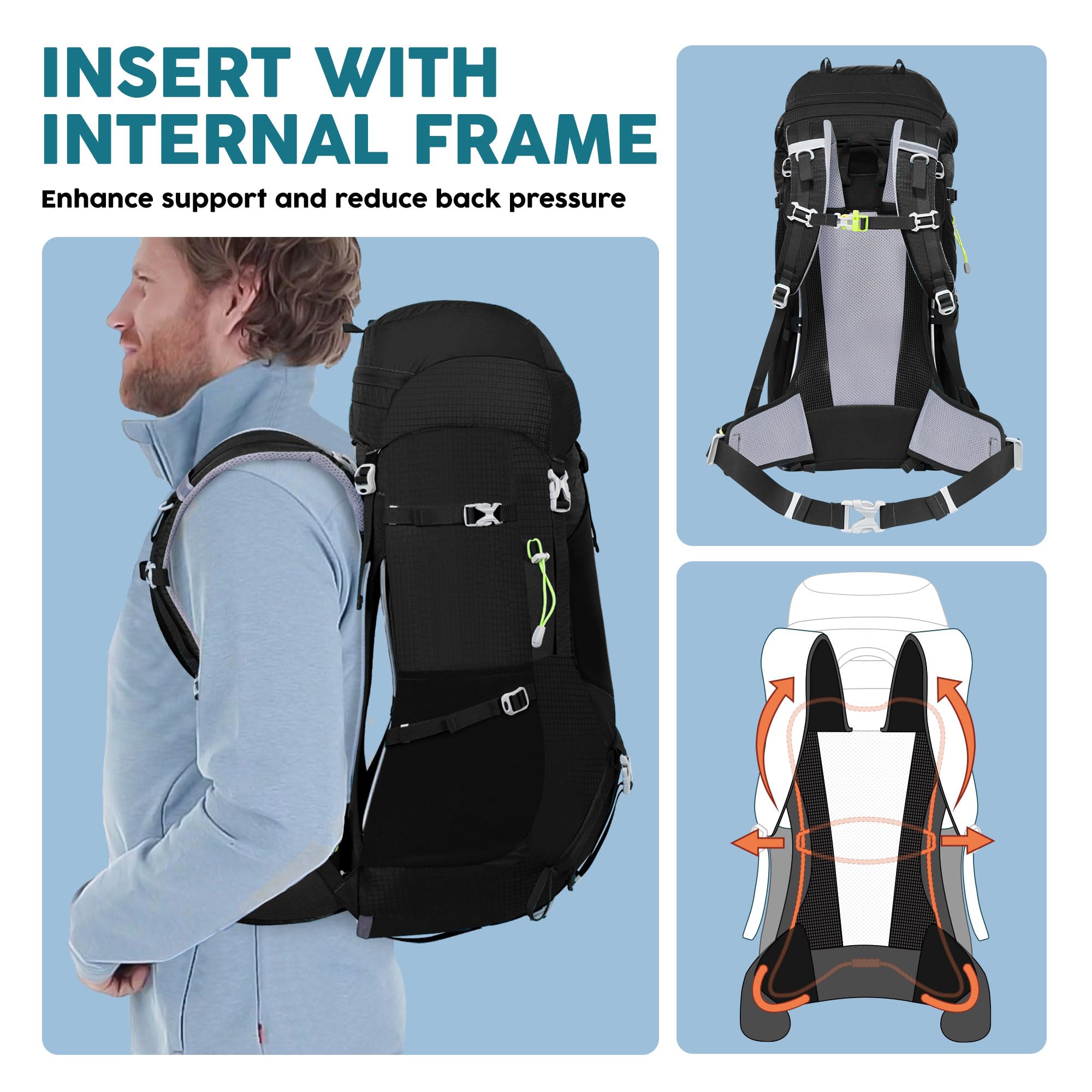 N NEVO RHINO 50L capacity layout showing organized main compartments for trips