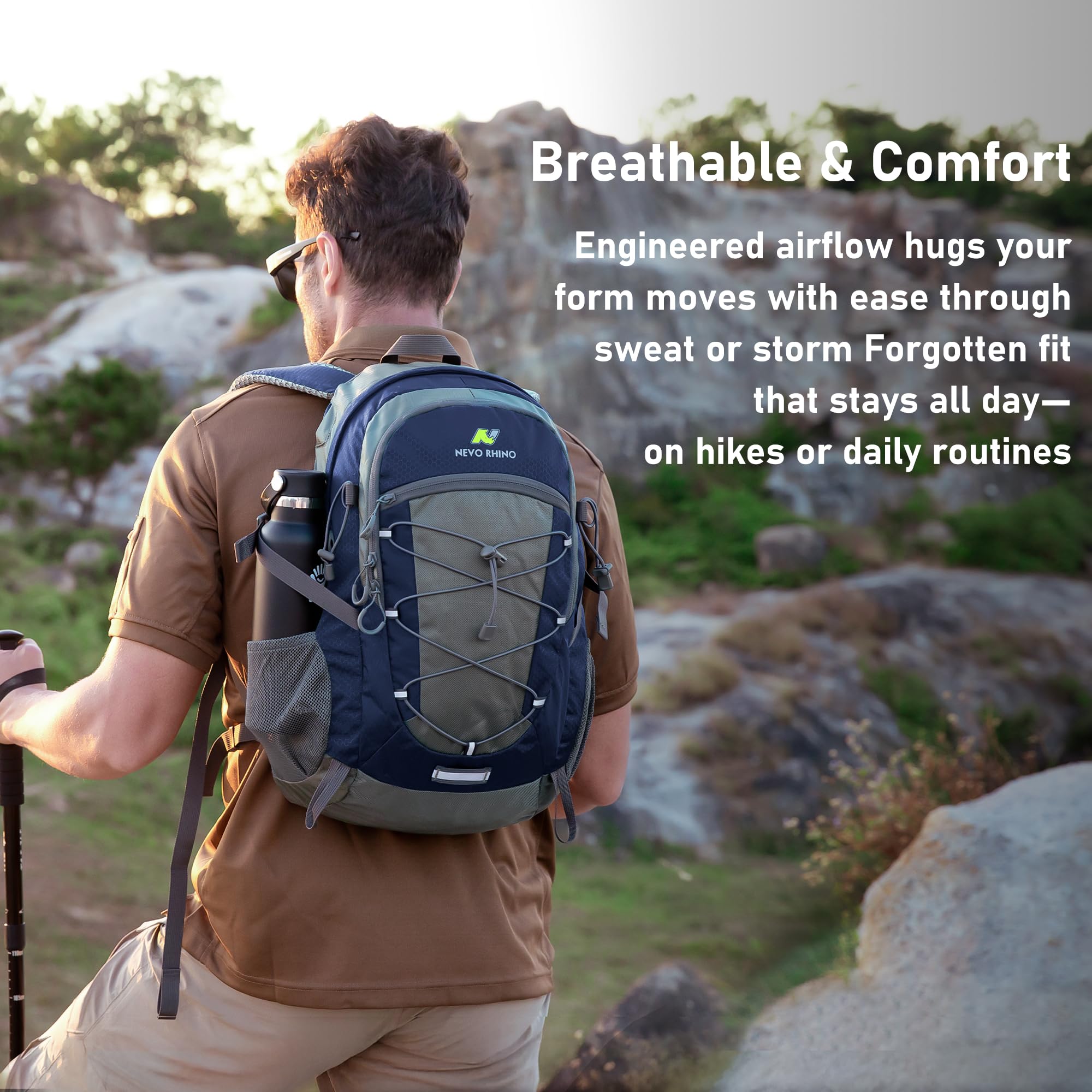N NEVO RHINO hiking backpack 20L rain cover stowed to protect gear.