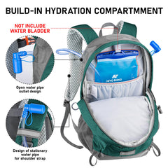 N NEVO RHINO hiking backpack rain cover stowed in bottom pocket protects gear.