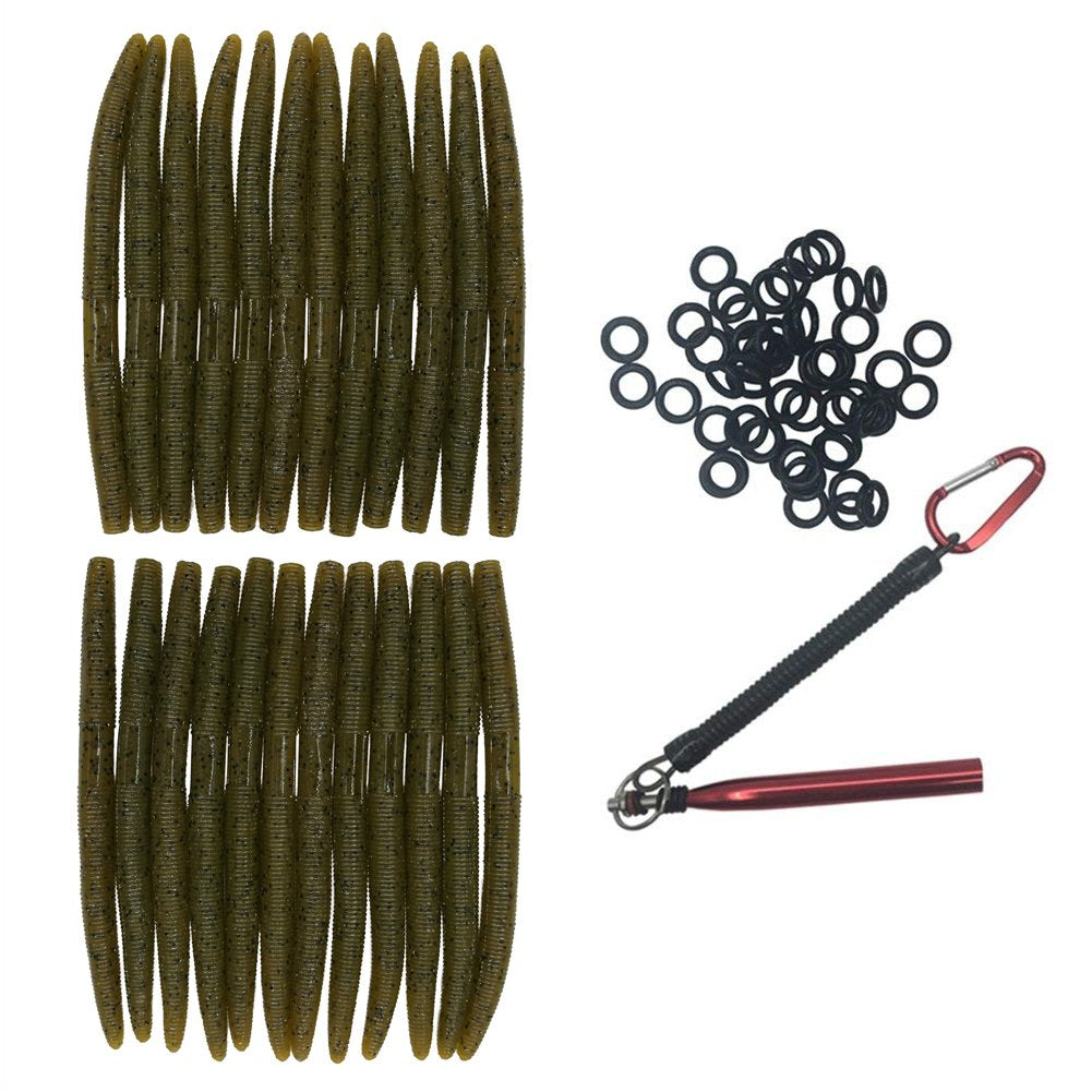 Nawaish Senko bait close-up in green pumpkin with black flake, lifelike texture for bass