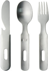 Nagao Tsubamesanjo camping spoon in matte brushed stainless steel for outdoor meals.