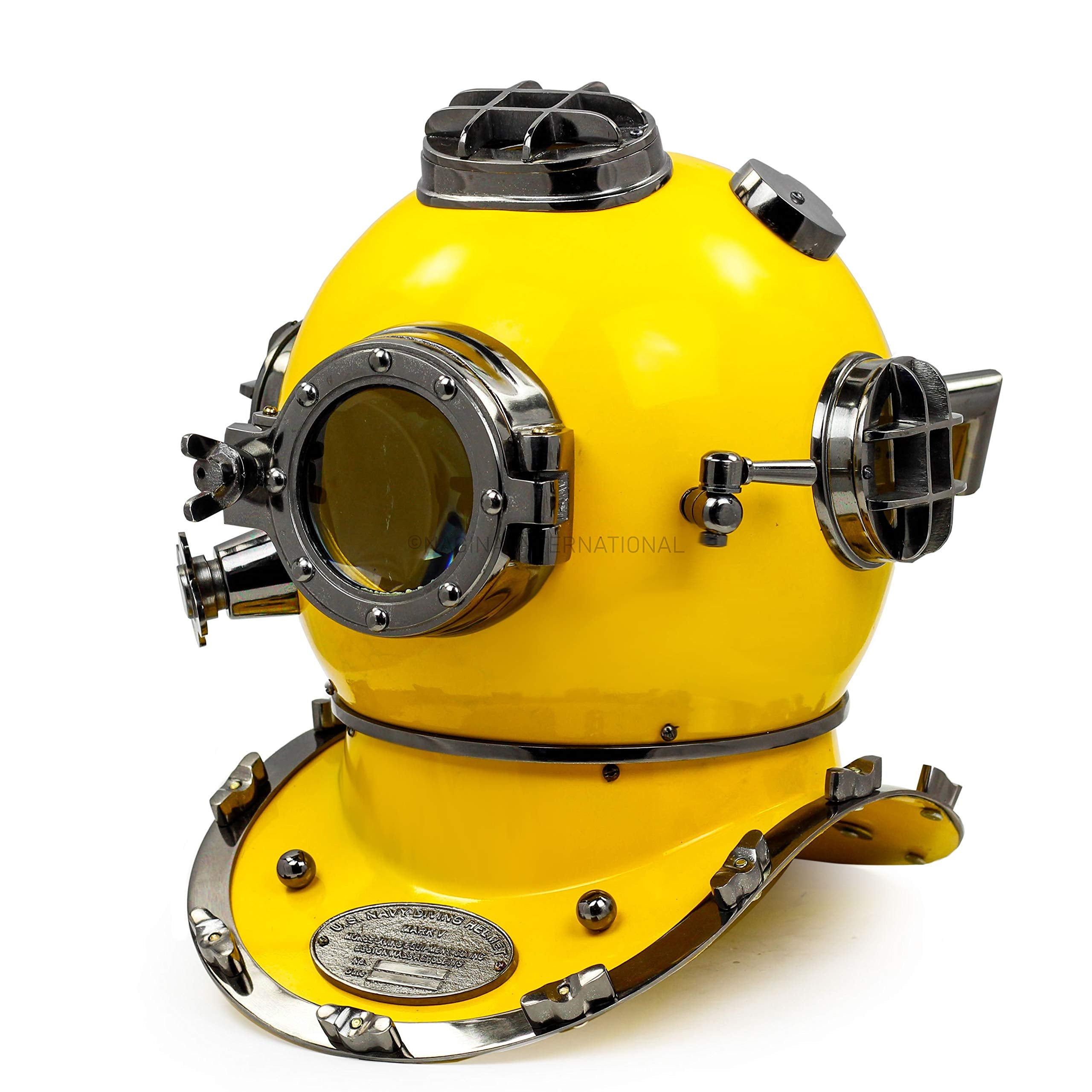 Nagina International 18-inch navy diving helmet in yellow cobalt, ideal nautical decor for shelves.