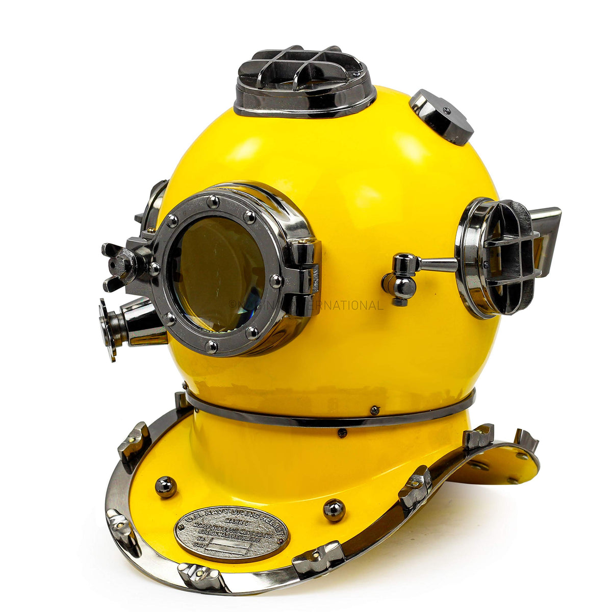 Nagina International 18-inch navy diving helmet in yellow cobalt, ideal nautical decor for shelves.