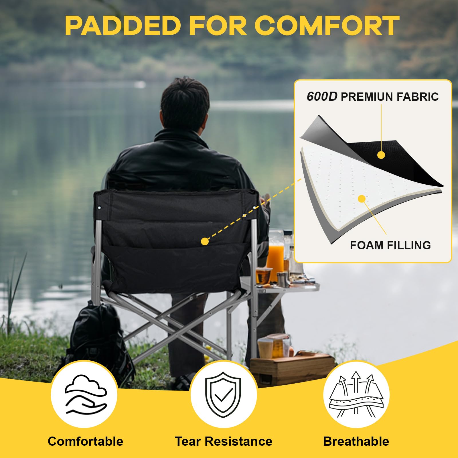 NAIZEA heated director chair outdoors, suited for camping and events