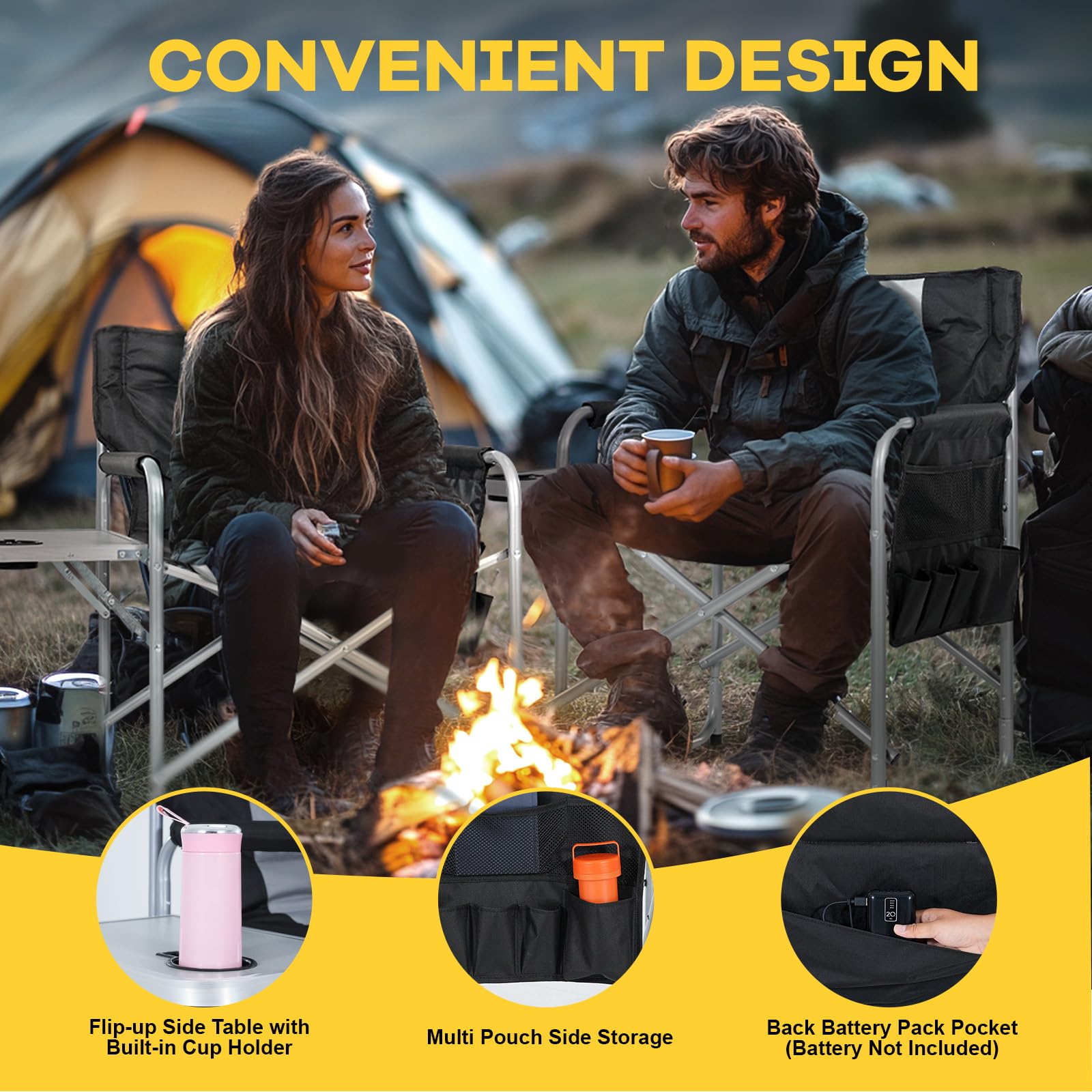 NAIZEA heated director chair side pockets for small items and accessories