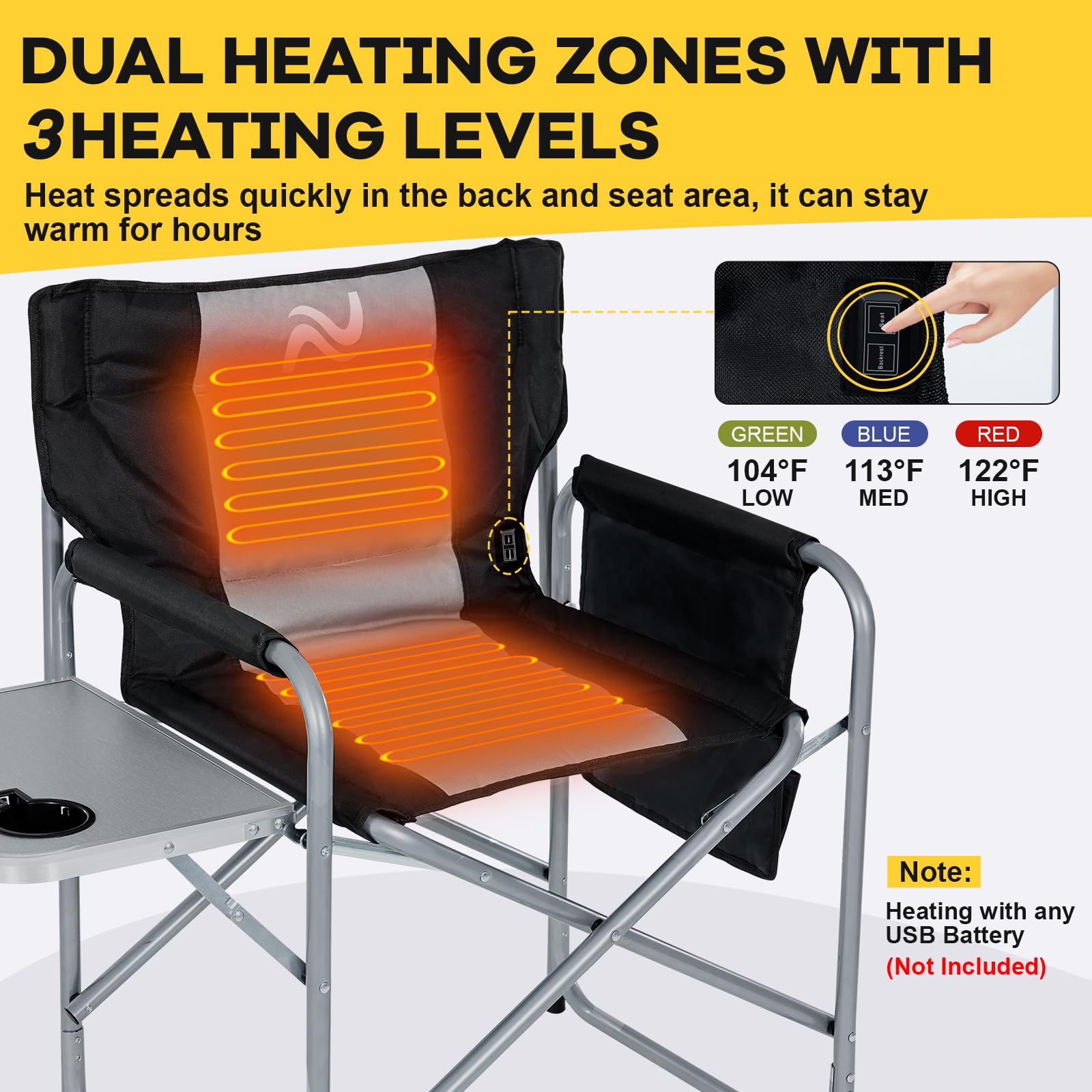 NAIZEA heated director chair side table ready for drinks and devices