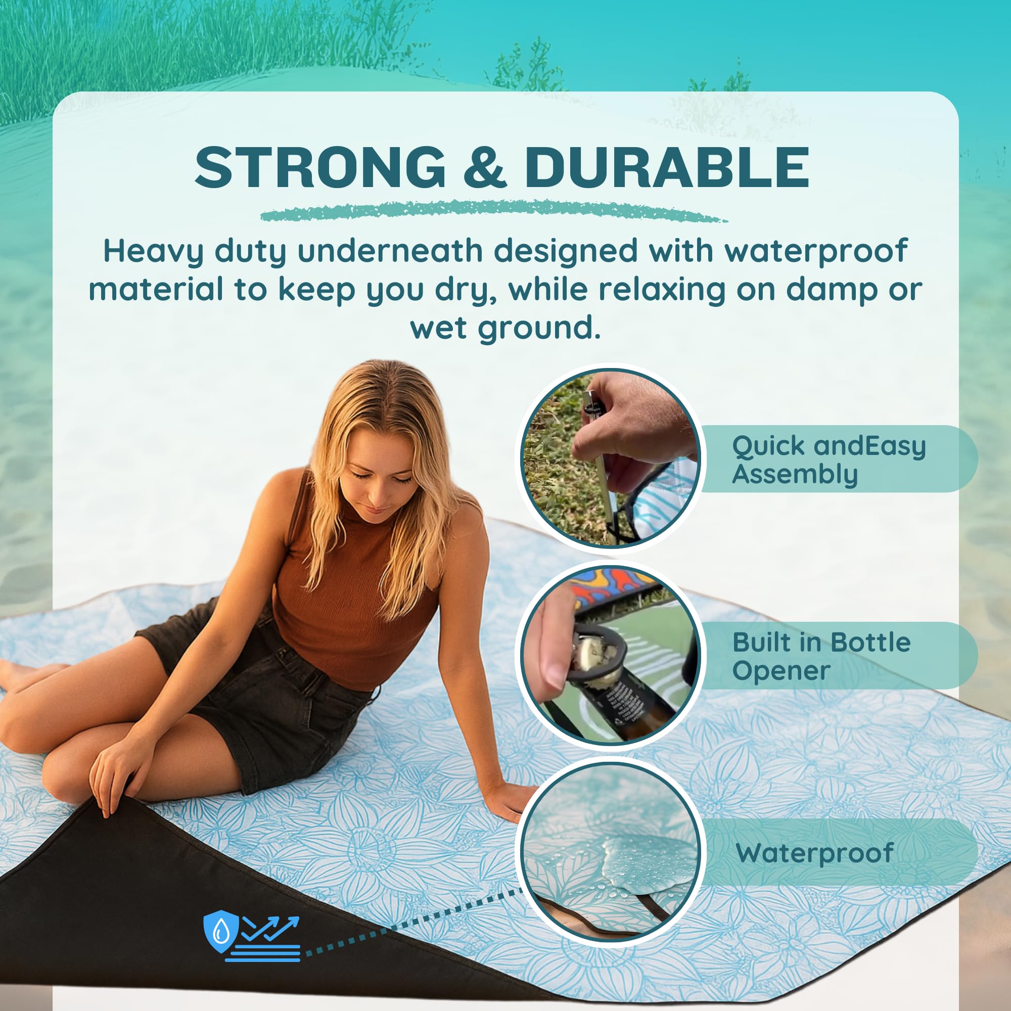 Nakie Picnic Blanket on the beach scene provides dry, comfortable seating.