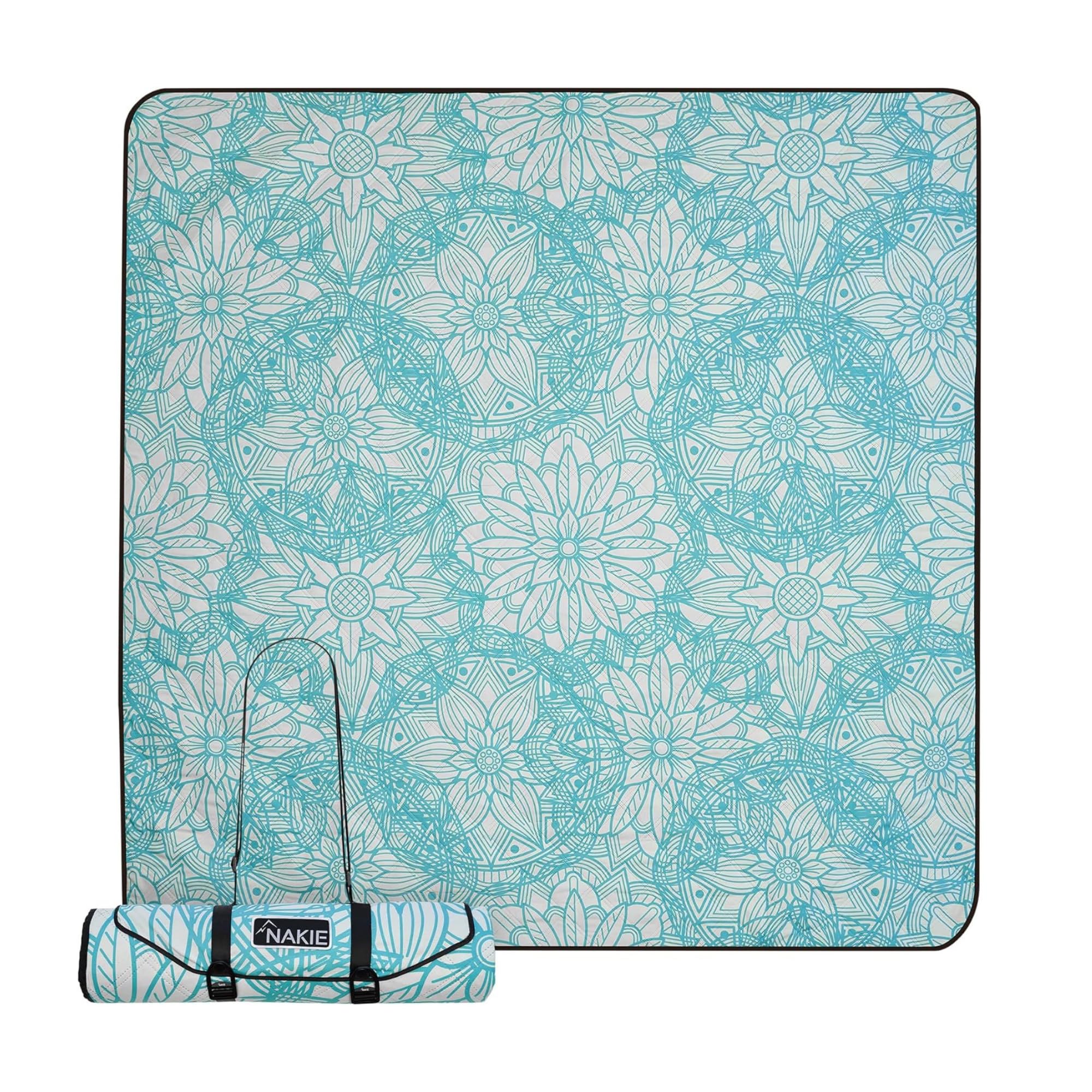 Nakie Picnic Blanket Floating Lotus pattern fully opened for a spacious family picnic.