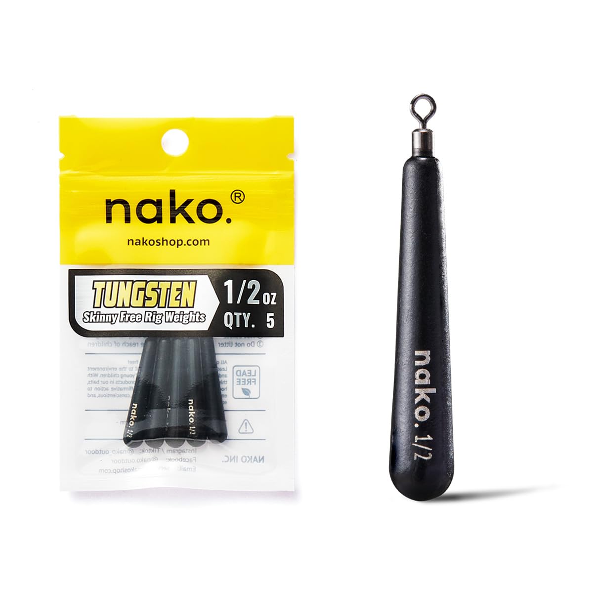 Nako rig skinny drop shot weights, half-ounce, five-pack, for precise rigs and eco-friendly fishing