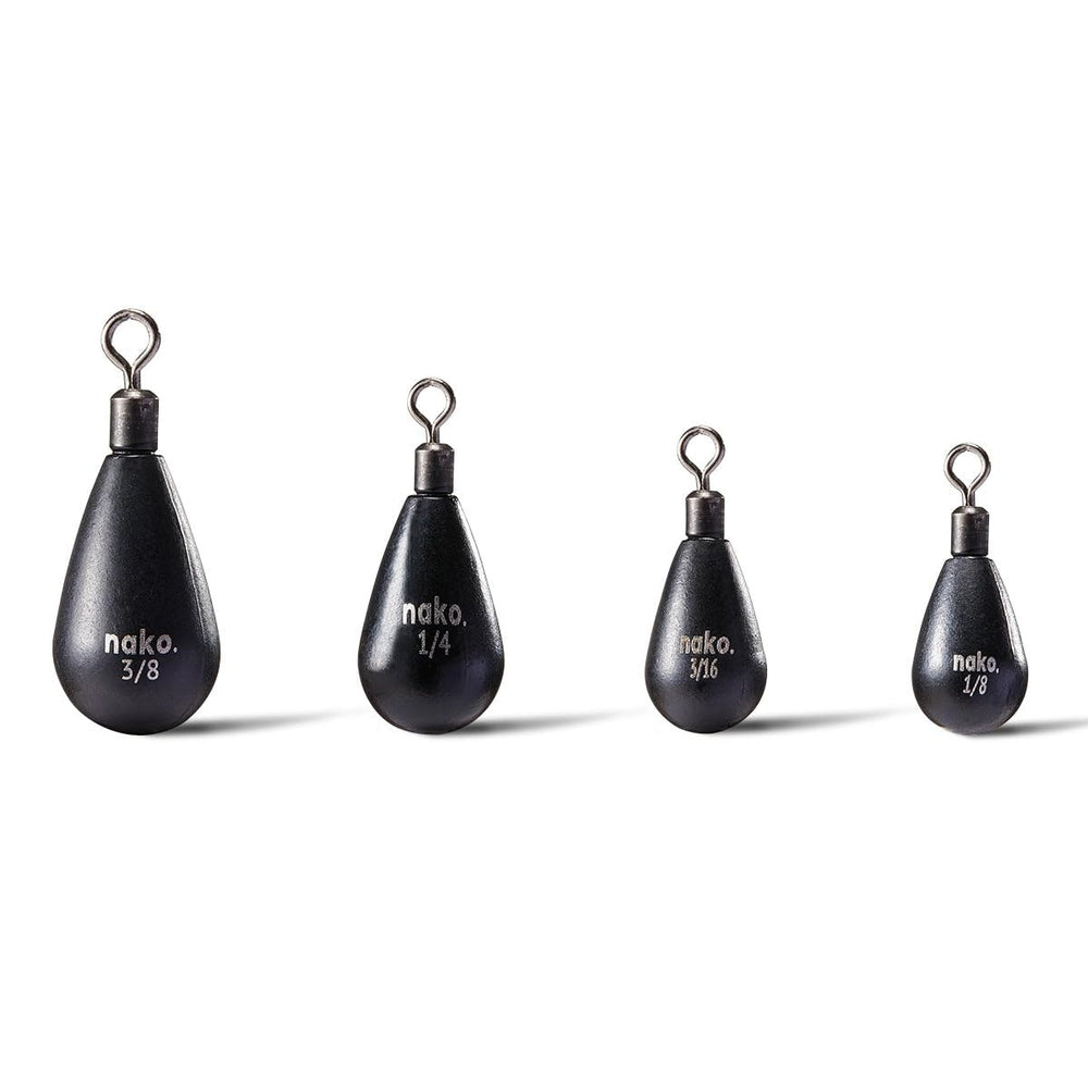 Nako tear-drop rig weight, half-ounce with round eye, durable and eco-friendly for reliable rigging.