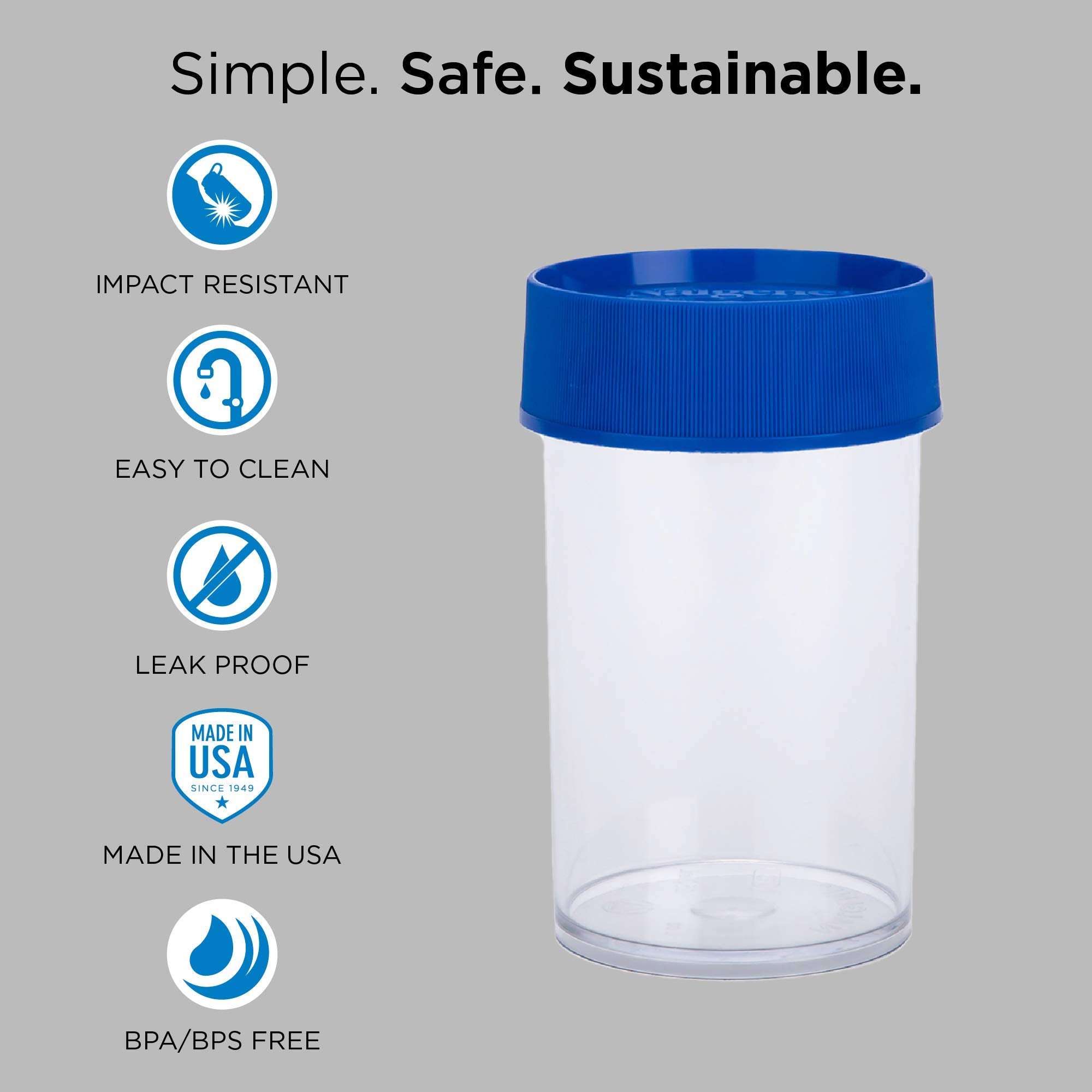 Nalgene 4-Ounce container lid close-up with blue screw-on lid for secure sealing.