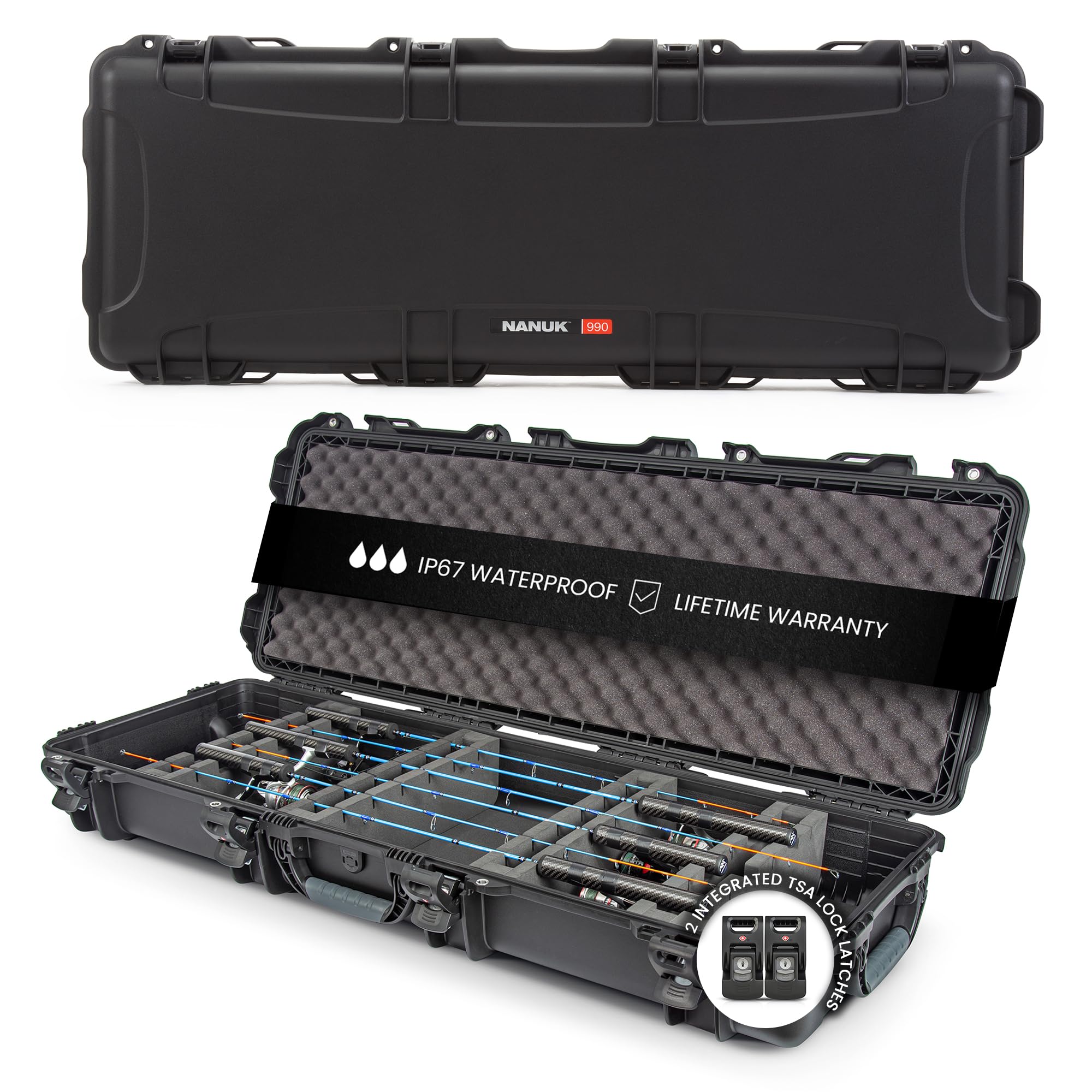 NANUK 990 ice fishing rod case interior foam securely cradles six rods