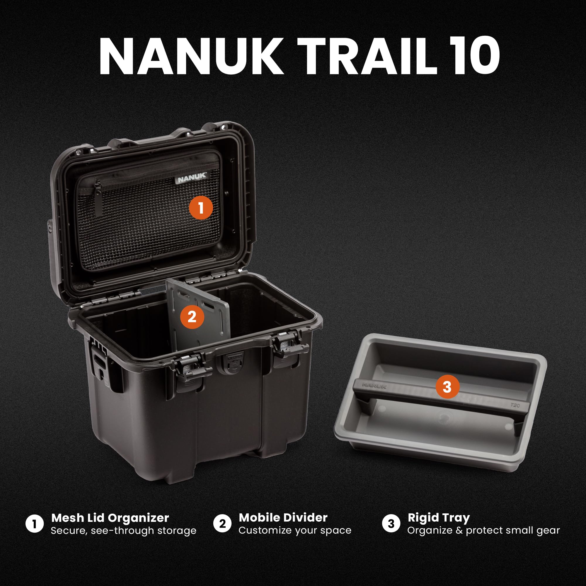 Interior layout of NANUK Trail 10 showing modular tray and dividers