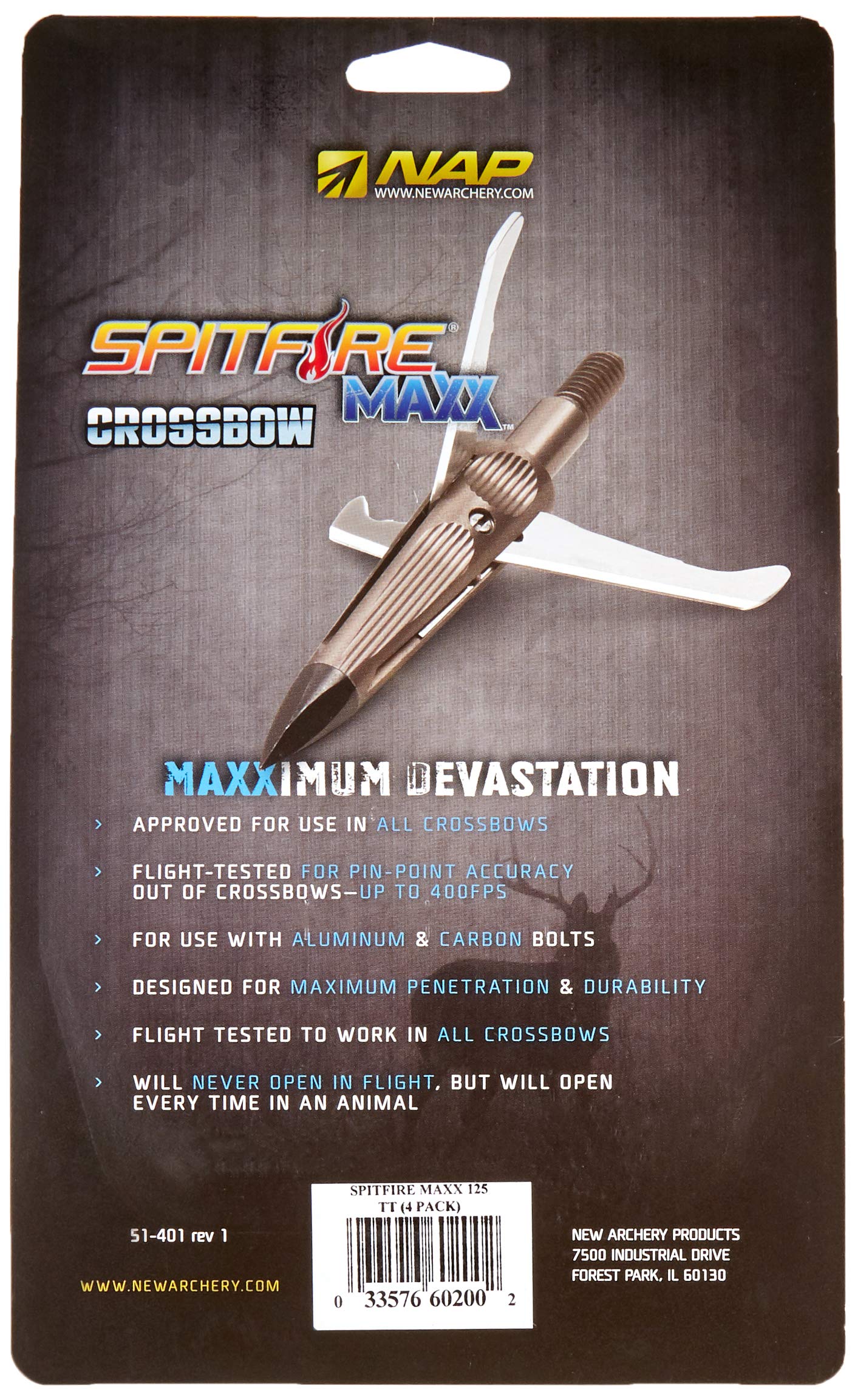 NAP Spitfire Maxx broadhead with blades deployed for a large cutting diameter.