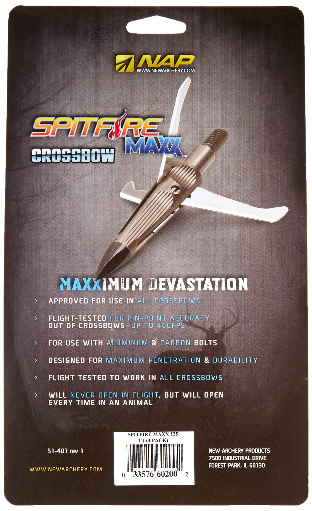 NAP Spitfire Maxx broadhead with blades deployed for a large cutting diameter.