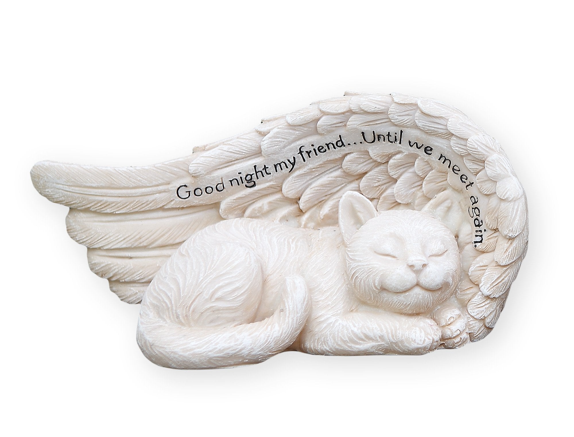 Napco Imports Good Night My Friend cat statue with angel wing for outdoor memorial decor