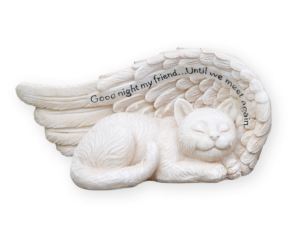 Napco Imports Good Night My Friend cat statue with angel wing for outdoor memorial decor