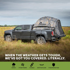 Napier Backroadz camo truck tent shows easy 10-minute setup for quick campsite use