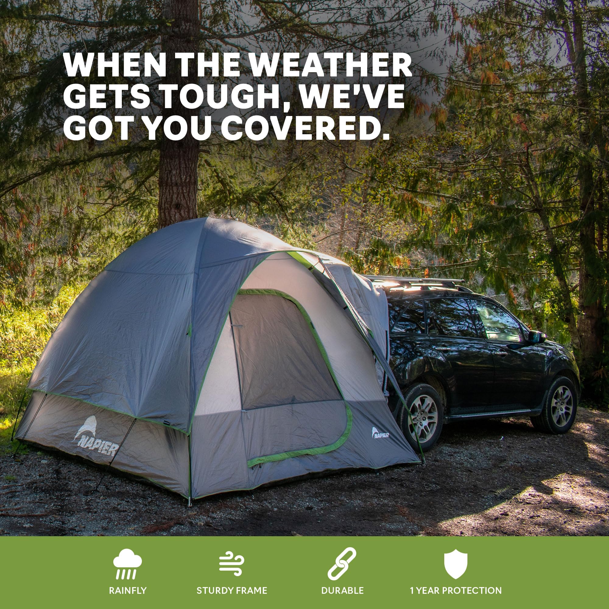 Napier Backroadz SUV Tent demonstrates universal fit with CUVs and minivans.