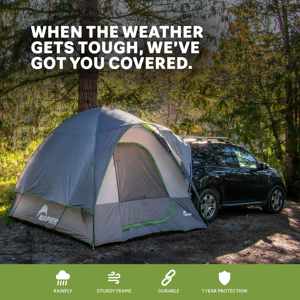 Napier Backroadz SUV Tent demonstrates universal fit with CUVs and minivans.
