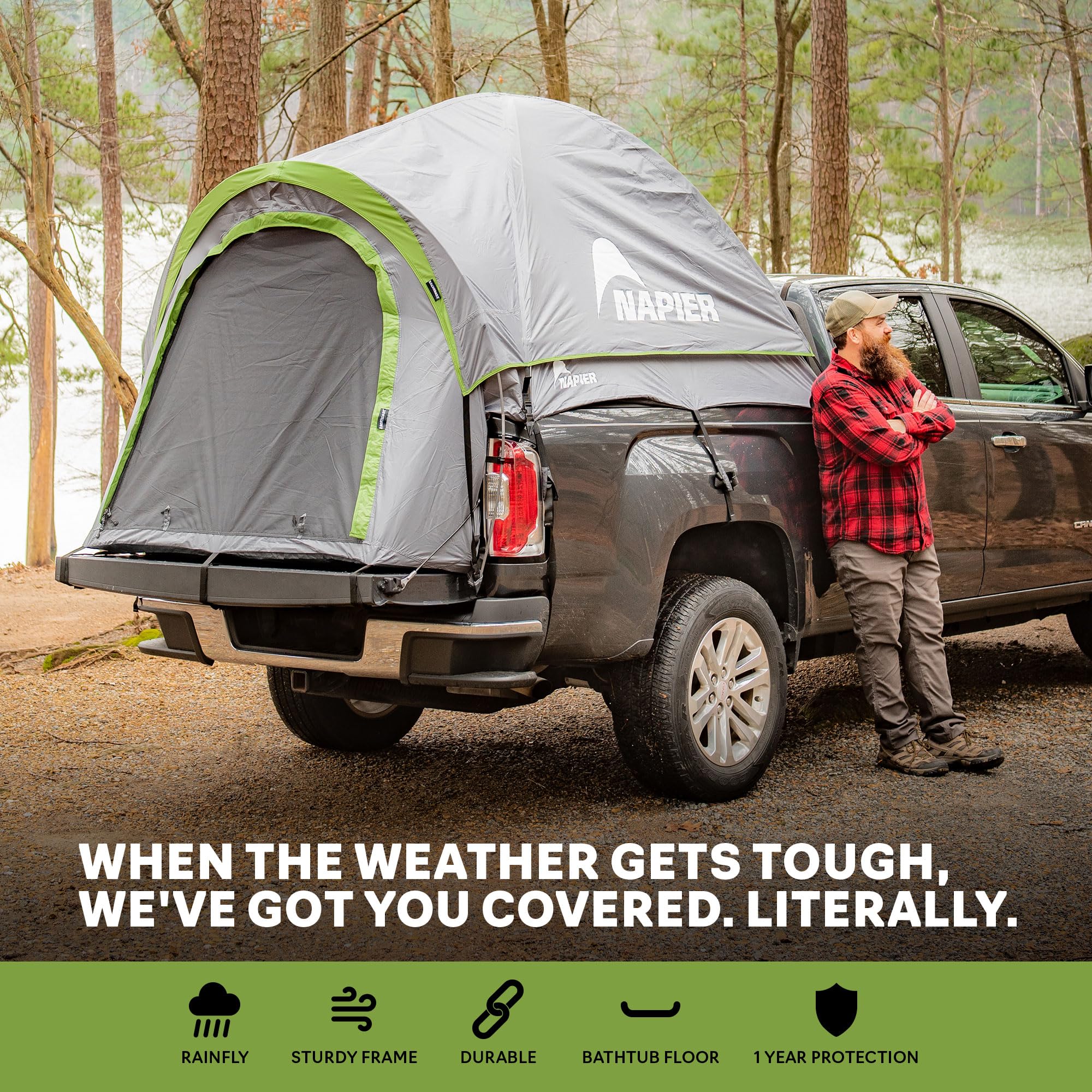 Napier Backroadz truck tent rainfly shields against rain and wind during outdoor trips.