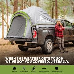 Napier Backroadz truck tent rainfly shields against rain and wind during outdoor trips.