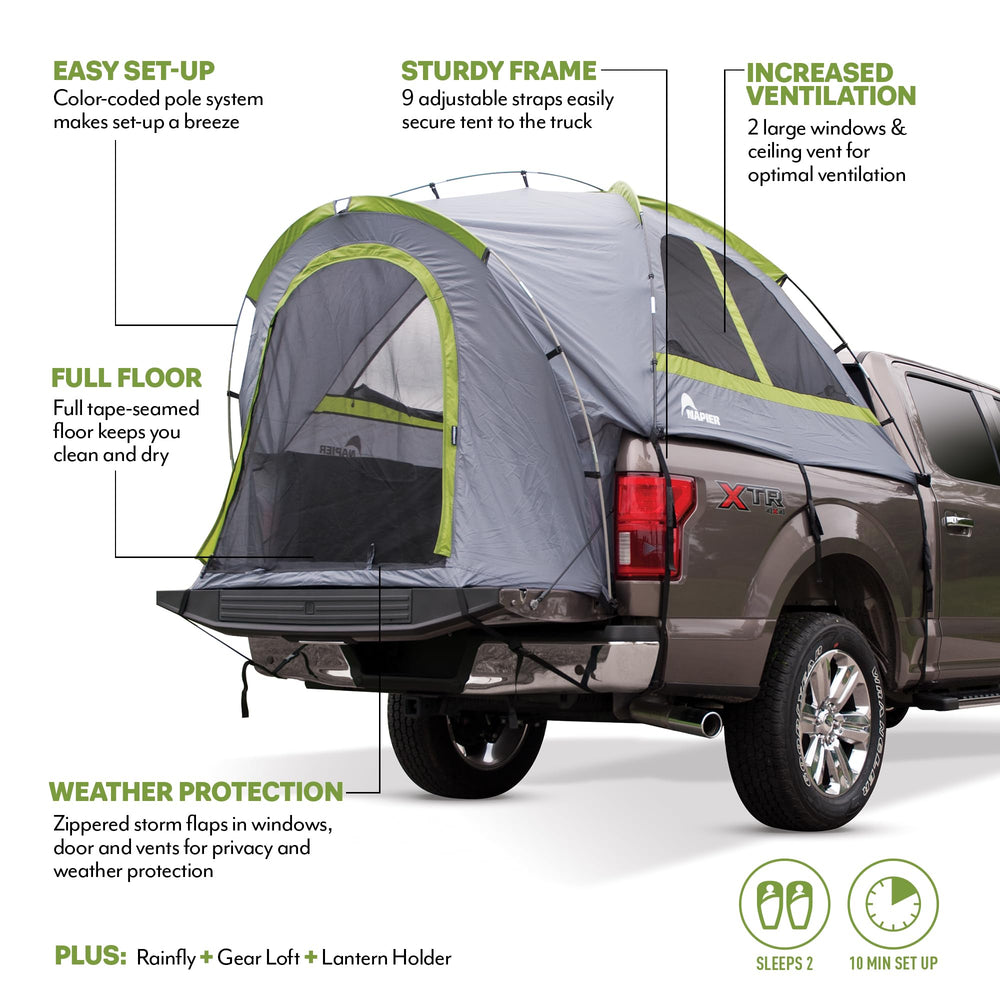 Napier Backroadz truck tent ventilation highlights two windows and a ceiling vent for airflow.