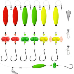 Narcissus Catfish Rigs Set: six pre-tied rigs in yellow, green, and red with accessories