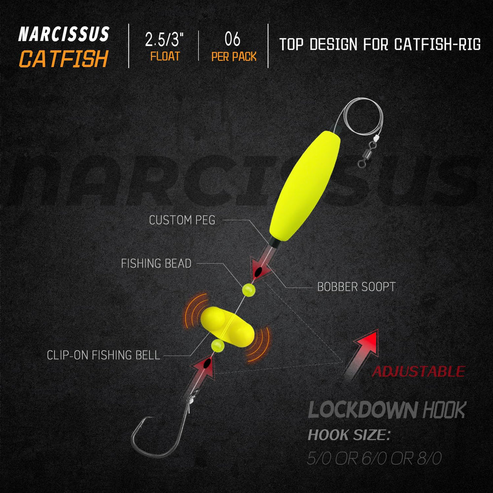 Close-up of sliding float system with tube insert on Narcissus catfish rigs