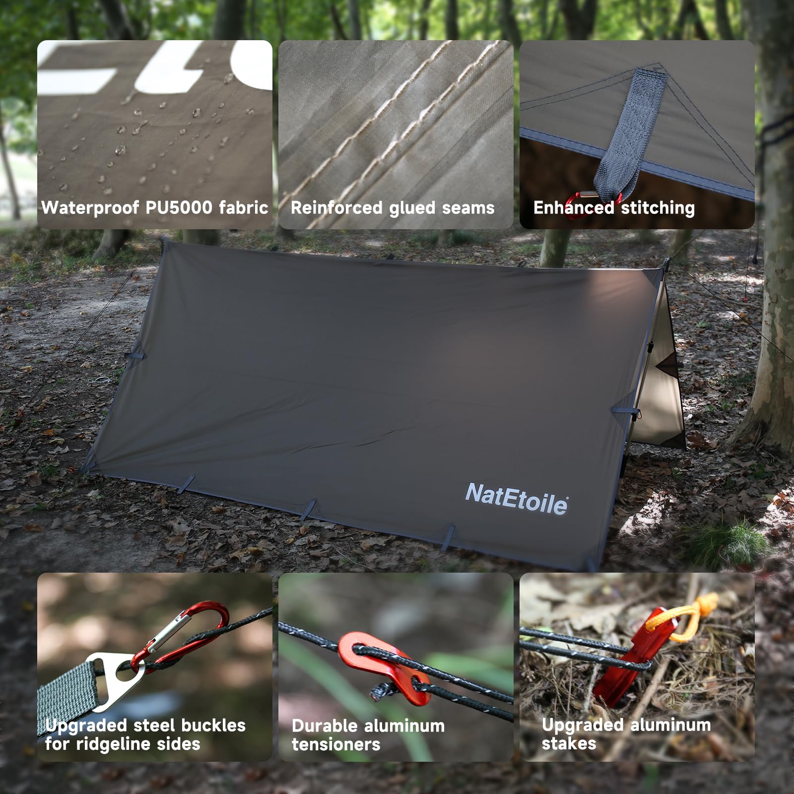 NatEtoile tarp taped seams emphasize leak prevention during rain.