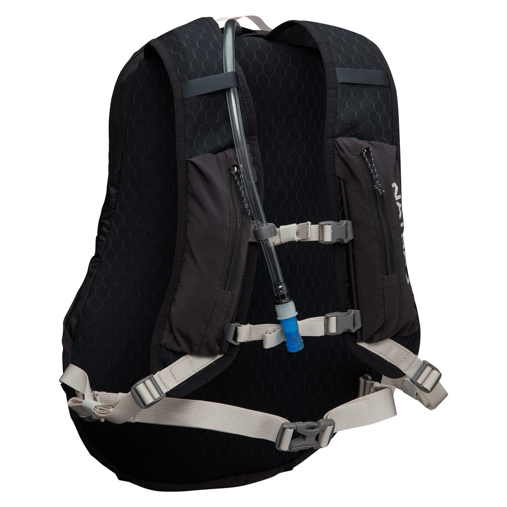 Nathan Crossover 15L hydration pack back view shows breathable panel and secure load distribution.