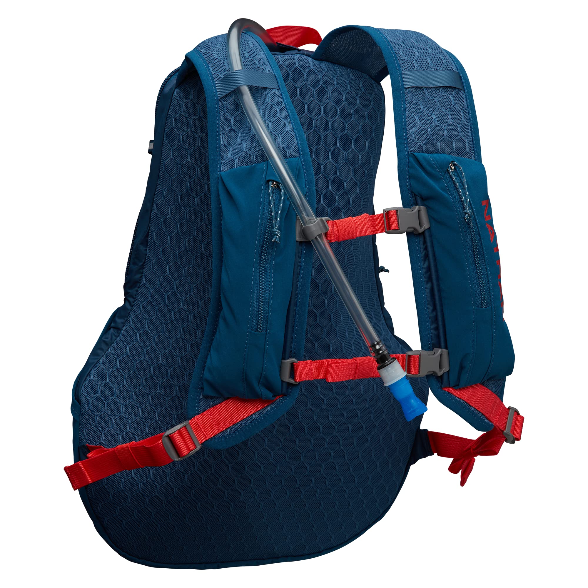 Nathan Crossover Pack hot red bottle cage keeps hydration within easy reach.