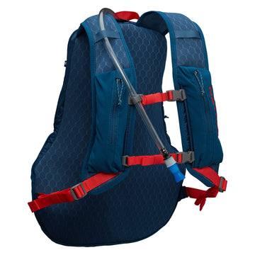 Nathan Crossover Pack hot red bottle cage keeps hydration within easy reach.