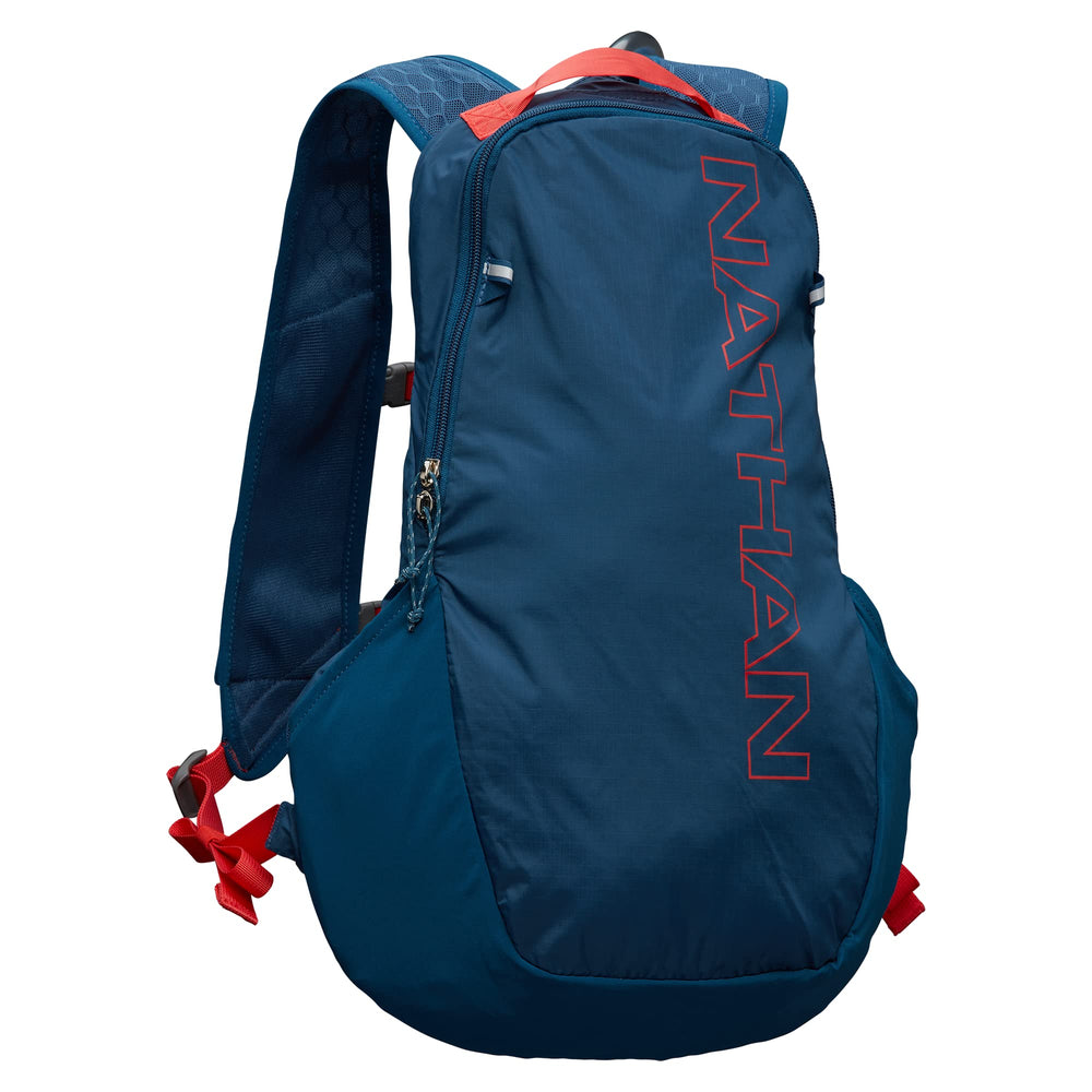 Nathan Crossover Pack marine blue front pocket for quick-access essentials during runs.