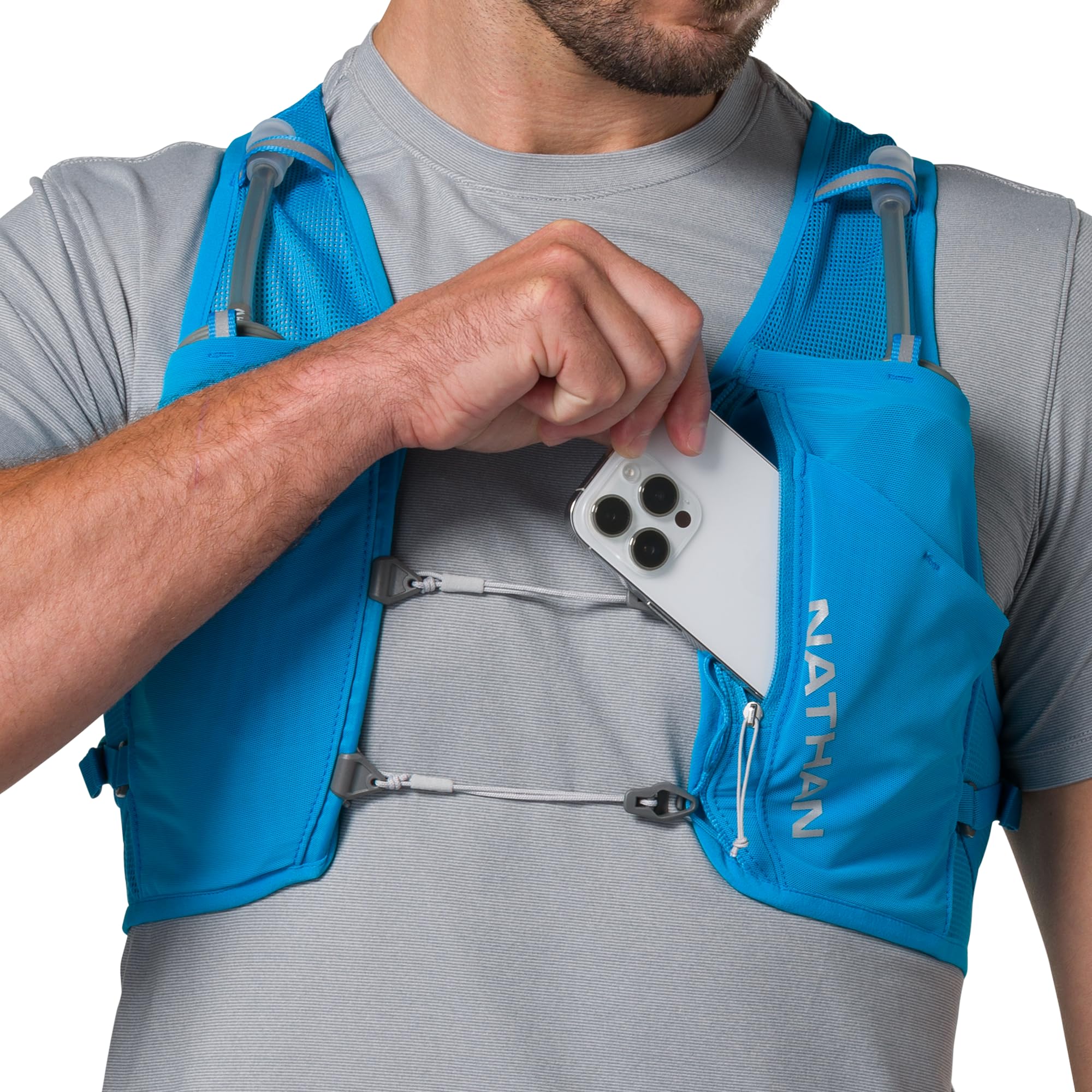 Nathan Pinnacle Breeze chest-sternum area close-up with Quick-Fit cords for bounce-free fit