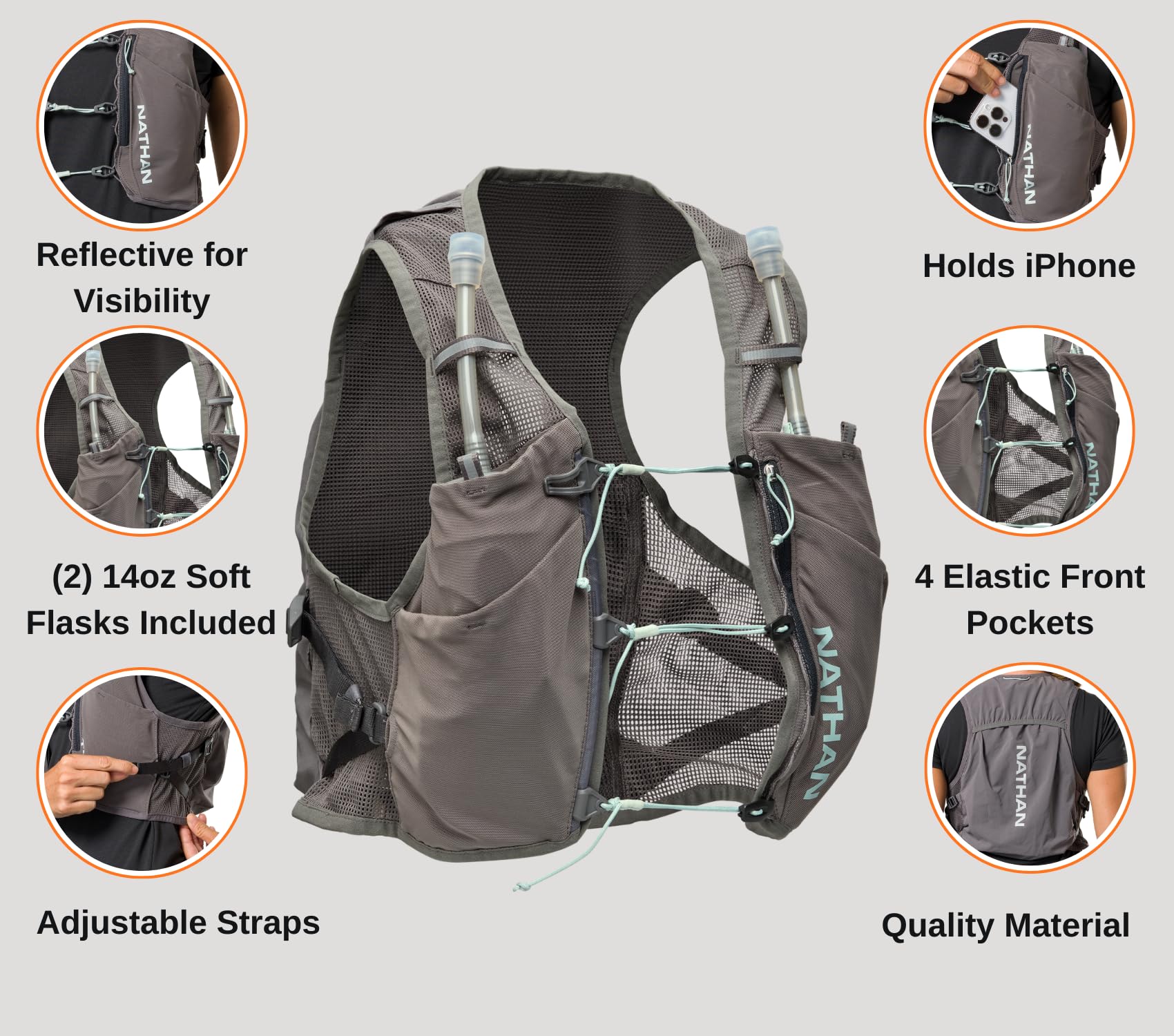 Nathan Pinnacle Breeze vest Quick-Fit system for secure, micro-adjusted fit.