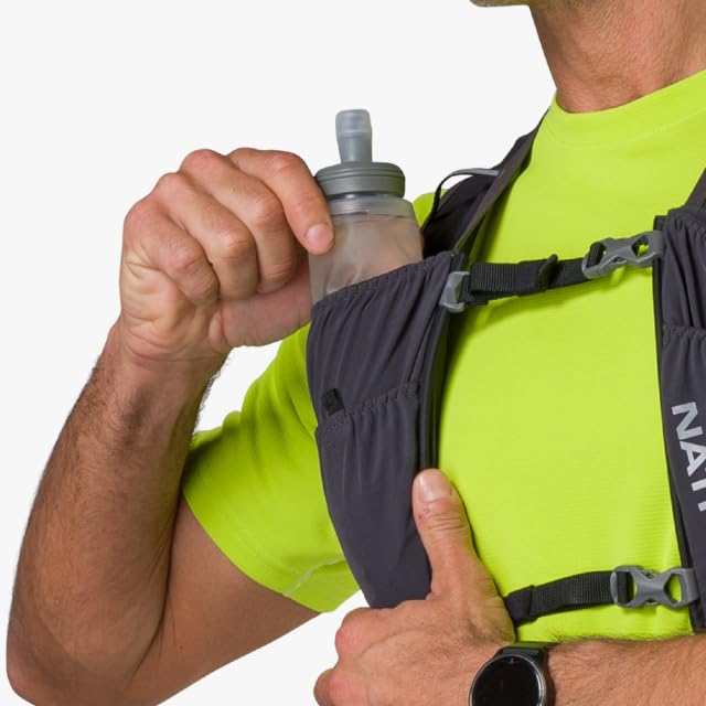 Nathan Pinnacle FeatherLite 14oz Soft Flask demonstrates easy hydration on the go.