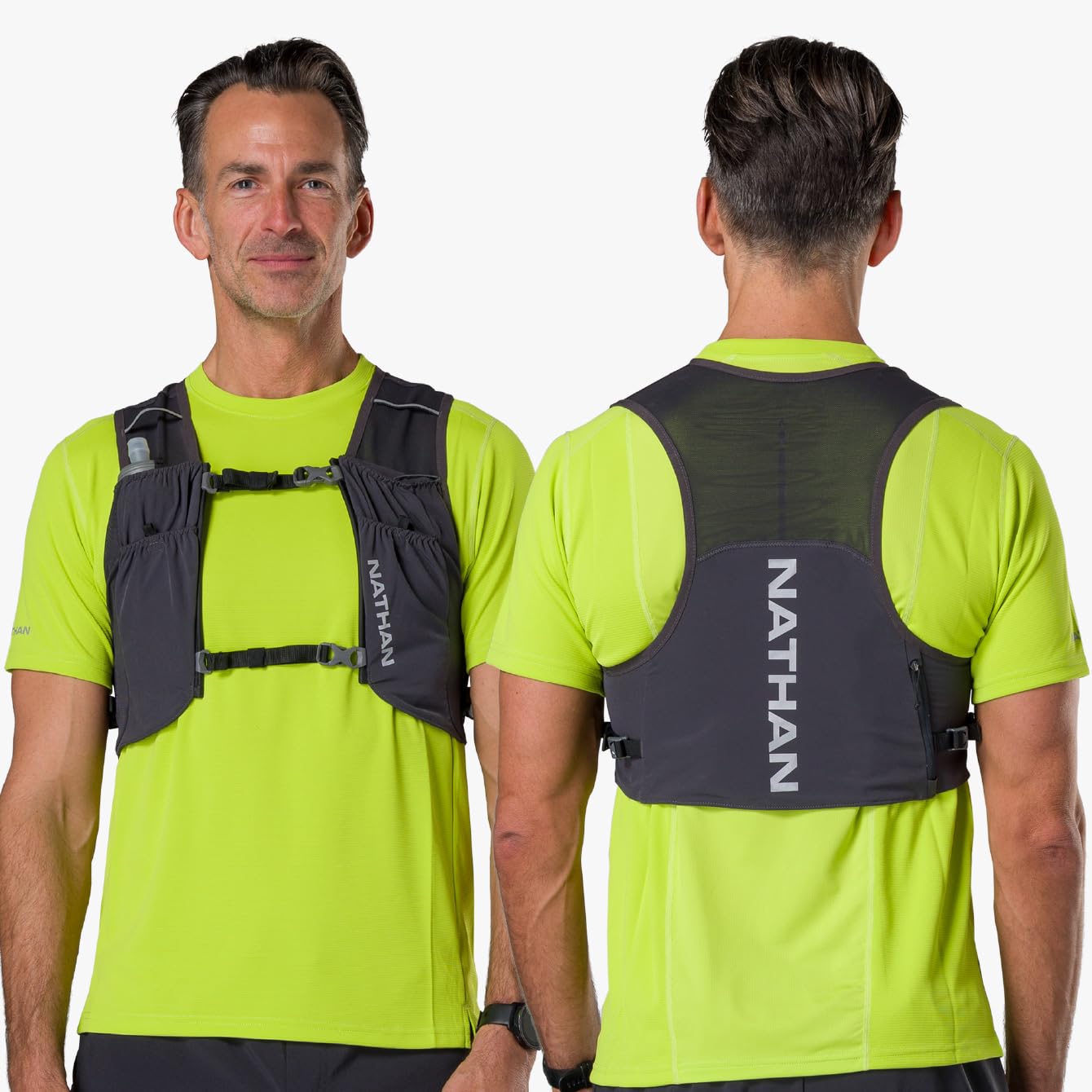 Nathan Pinnacle FeatherLite power mesh shoulders highlight breathability during workouts.
