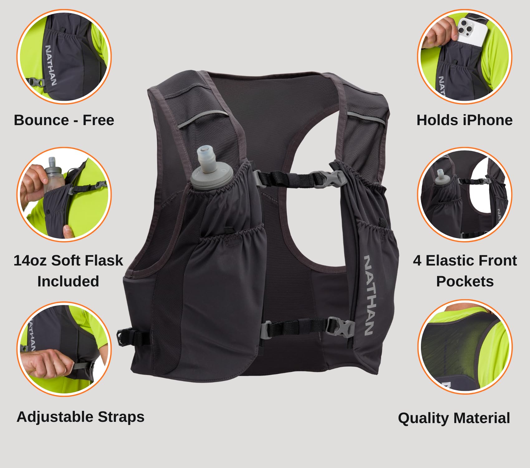 Nathan Pinnacle FeatherLite vest chest and shoulders with power mesh for breathable runs.